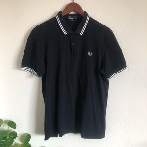 Fred Perry black polo shirt with white striped collar and sleeves men’s L unisex